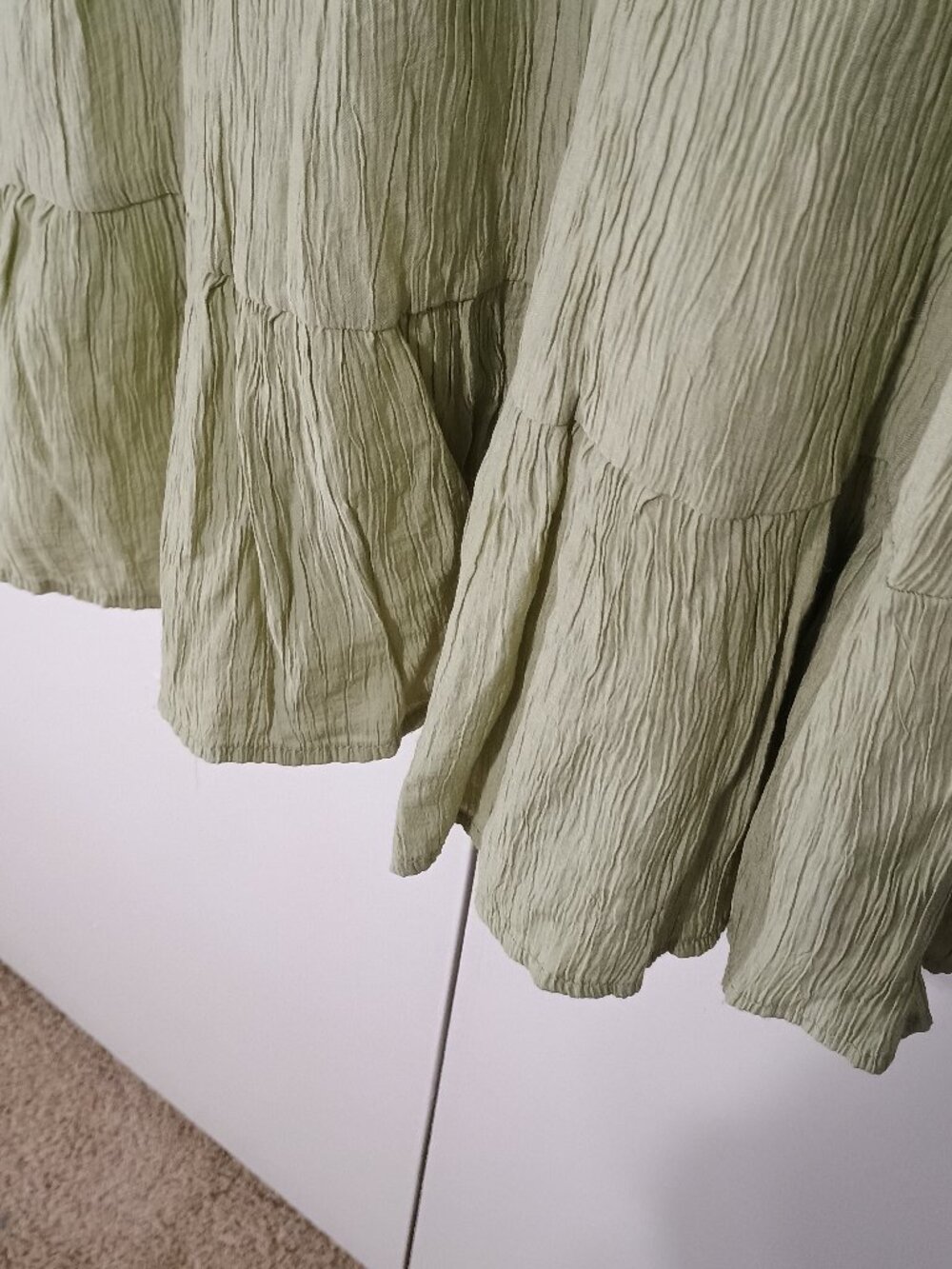 MINE Sage Green Crinkle Ruffle Sleeve Shirred Waist Mini Dress M - Picture 8 of 11